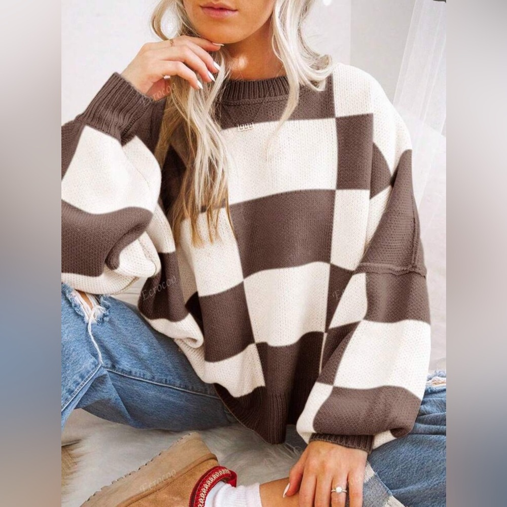 Checkered Bishop Sleeve Sweater,Long Sleeve Tops